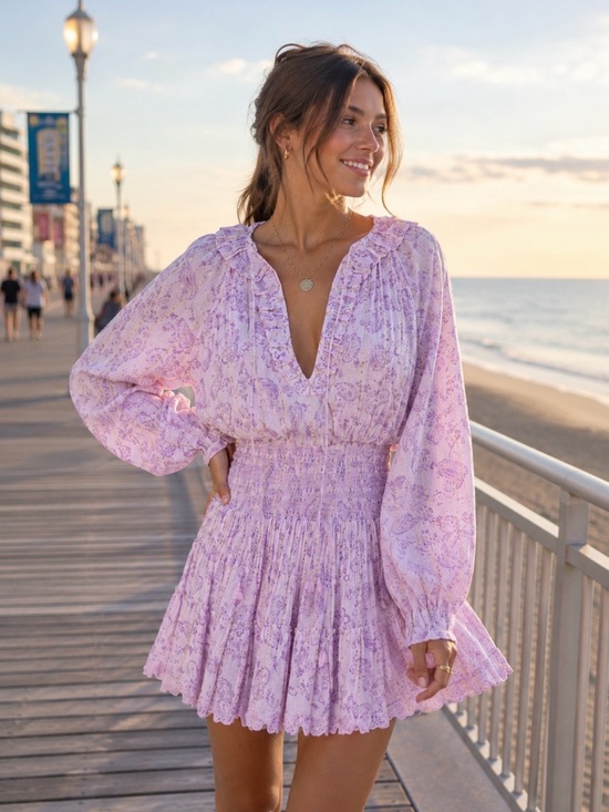 House of Harlow 1960 Dresses & Skirts - House of Harlow 1960 Boho Paisley Smocked Mini Dress S Lilac Puff Sleeve